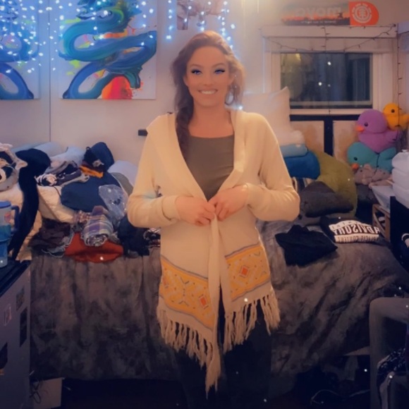 Flying Tomato Sweaters - Cream Hooded Cardigan with Fringe and Pattern